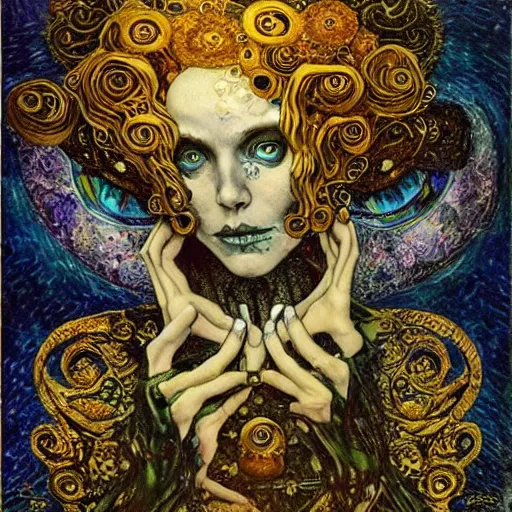 Image similar to Memento Mori by Karol Bak, Jean Deville, Gustav Klimt, and Vincent Van Gogh, beautiful visionary mystical portrait, calavera, otherworldly, fractal structures, ornate gilded medieval icon, third eye, spirals, beautiful botanical calavera