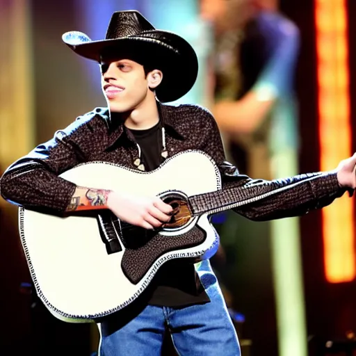 Image similar to pete davidson has a really nice electric guitar and plays it while wearing a cowboy hat and cowboy outfit