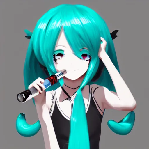 Image similar to hatsune miku smoking weed with a vape pen, smoke coming out of her mouth, bloodshot eyes, artstation, 4 k