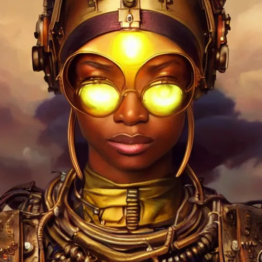 Image similar to african steampunk alchemist, science fiction, highly detailed, digital painting, beautiful eyes, symmetry, concept art, sharp focus, illustration, global illumination, radiant light, detailed and intricate environment, art by artgerm and greg rutkowski and magali villeneuve and ilya kuvshinov!