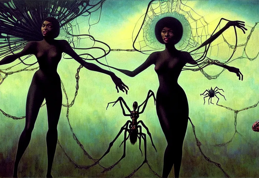 Prompt: realistic detailed portrait movie shot of a single beautiful black woman in a transparent sheer fabric dress dancing with a giant spider, futuristic sci fi landscape background by denis villeneuve, jean delville, yves tanguy, ernst haeckel, alphonse mucha, max ernst, caravaggio, roger dean, sci fi necklace, masterpiece, dreamy, rich moody colours