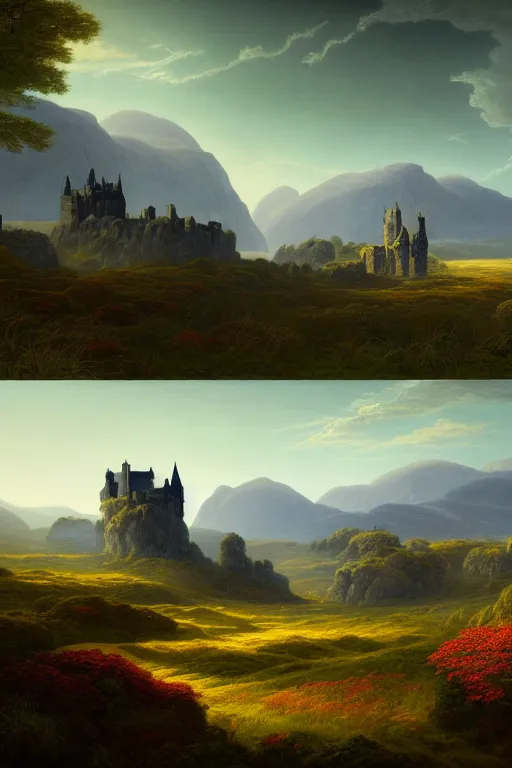 Image similar to a beautiful digital illustration painting of a detailed gothic fantasy endless plains of scottish highlands with castle in the distance, by benoit b. mandelbrot, steven belledin, martin johnson heade, lee madgwick, caspar david friedrich, and david rios ferreira. 8 k resolution trending on artstation concept art digital illustration