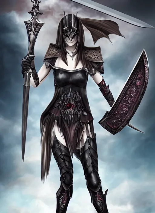 Image similar to full - body portrait, female vampire knight holding a large greatsword, lean and muscular, flying, roman gladiator sandals, heavy plate armor, historical armor, metal mask, enchanting, elegant, seductive smile, ghostblade, wlop, modern fantasy, realistic proportions.
