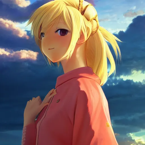 Prompt: blonde - haired princess, anime princess, wearing casual clothing, golden hour, partly cloudy sky, red clouds, orange sky, old town, strong lighting, strong shadows, vivid hues, ultra - realistic, sharp details, subsurface scattering, intricate details, hd anime, 2 0 1 9 anime