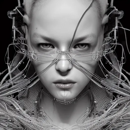 Image similar to the portrait of an absurdly beautiful, graceful, sophisticated, fashionable cyberpunk gravure idol, an ultrafine hyperdetailed illustration by kim jung gi, irakli nadar, matt wisniewski, intricate linework, iridescent wiring, porcelain skin, unreal engine 5 highly rendered, global illumination, radiant light, detailed and intricate environment