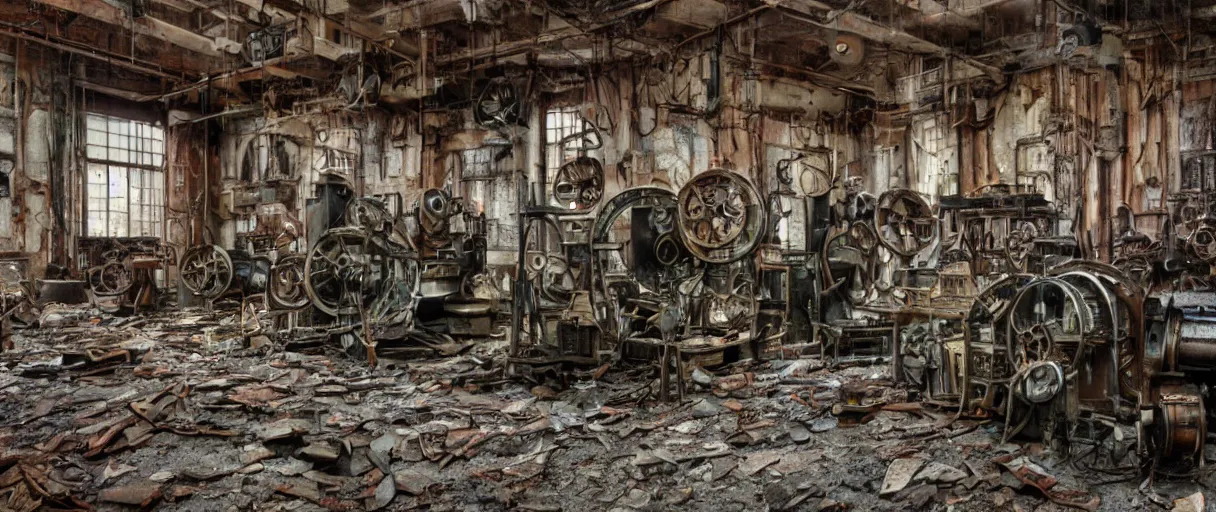 Image similar to movie still 4 k uhd 3 5 mm film color photograph of an abandoned steampunk workshop full of xix century differential machines