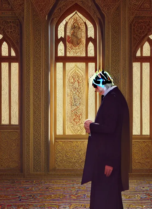 Prompt: vladimir putin praying in the mosque, intricate, elegant, highly detailed, my rendition, digital painting, artstation, concept art, smooth, sharp focus, illustration, art by artgerm and greg rutkowski and alphonse mucha and uang guangjian and gil elvgren and sachin teng,