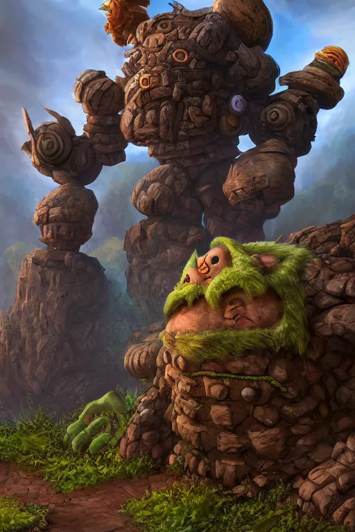 Image similar to zelda fantasy art giant golem troll wood rock greeble gemstone, global illumination ray tracing hdr fanart arstation by sung choi and eric pfeiffer and gabriel garza and casper konefal