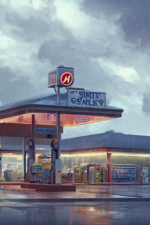 Image similar to a highly detailed matte painting of a single gas station with a sign in lightning storm and heavy rain by studio ghibli, makoto shinkai, by artgerm, by wlop, by greg rutkowski, volumetric lighting, octane render, 4 k resolution, trending on artstation, masterpiece