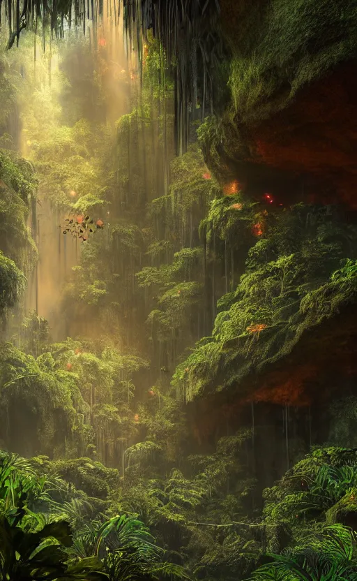 Image similar to a beautiful render of a dark prehistoric rainforest in a humongous cave, lush flora, patches of yellowish - red - magenta sky, sunset lighting, fireflies, floating mountains and a waterfall in the background, intricate detail, hazy, humid, volumetric lighting, god rays, 8 k, photorealistic, raytracing effects, unreal engine 5