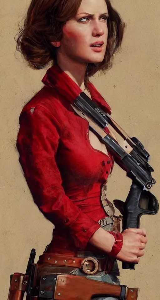 Image similar to a woman in a red wild west dress holding a shotgun, realistic painting by drew struzan, anatomically correct, beautiful, soft lighting, artstation