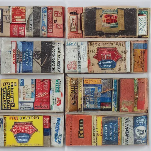 Prompt: of a collage of matchbooks, gum wrappers, take out boxes, by kurt schwitters