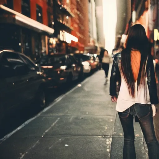 Image similar to a brunette girl, in her twenties, very long hair, dressed casually, walking from behind in the streets of new york, city lights, smoke, cinematic