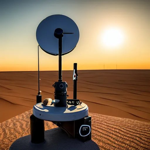 Image similar to peaceful mobile camoflaged rugged weather station sensor antenna on tank treads, for monitoring the australian desert, XF IQ4, 150MP, 50mm, F1.4, ISO 200, 1/160s, dawn