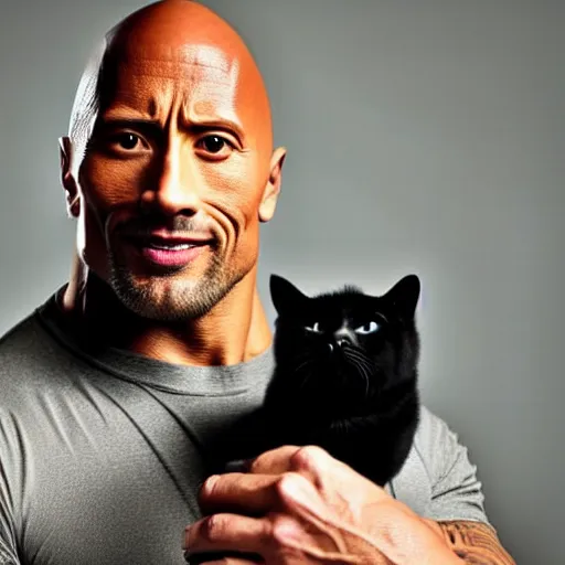 Image similar to dwayne johnson holding a black cat, studio lighting, promotional photograph