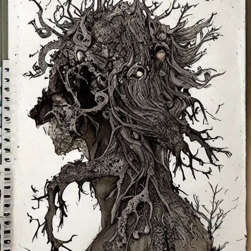 Image similar to rotten tree spirit dryad with a beautiful face and flaming mouth and eyes + mushrooms + fungi + lichen + sketch lines + graphite texture + old parchment + guillermo del toro concept art + justin gerard monsters, intricate ink illustration