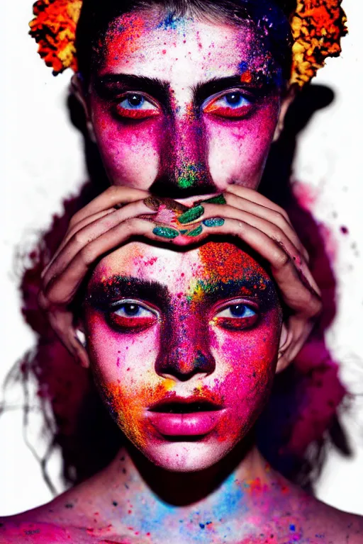 Prompt: A full body portrait of a girl covered in holi powder featured in Vogue and GQ editorial fashion photography, beautiful eye, symmetry face, haute couture dressed by Givenchy and Salvatore Ferragamo