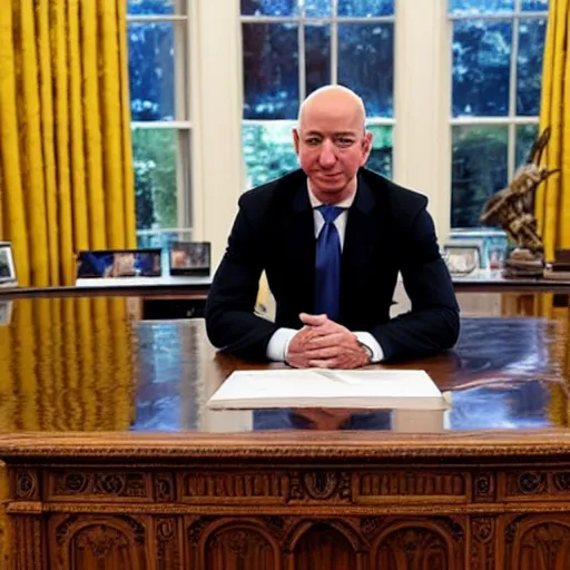 Image similar to jeff bezos as the president of the united states in the oval office