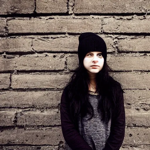 Image similar to an emo girl wearing a black beanie hat, British street background, 2006