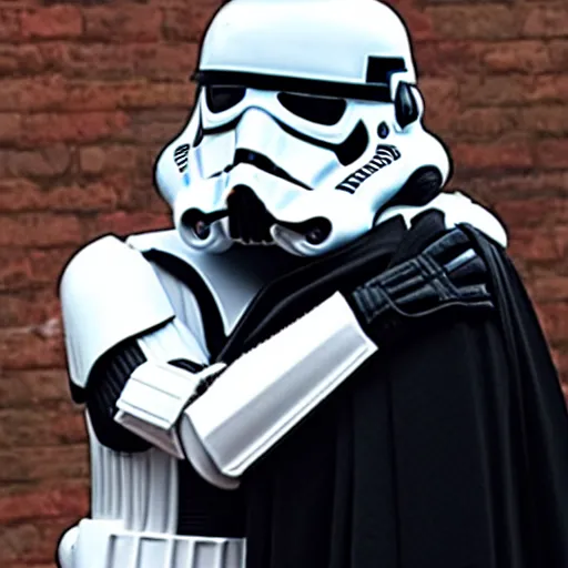 Prompt: a photo of darth vader huggin a storm trooper