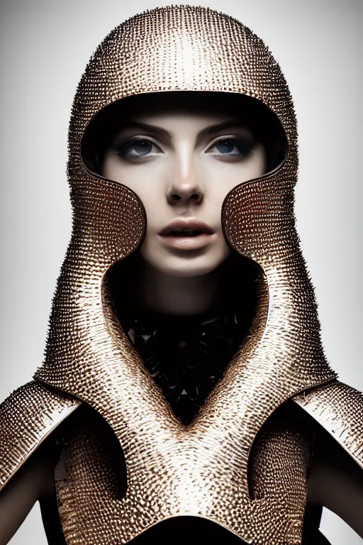 Image similar to beautifull model, wearing louis vuitton armor, luxury materials, symmetrical, cinematic, elegant, professional studio light, real dlsr photography, sharp focus, 4 k, ultra hd, sense of awe, high fashion