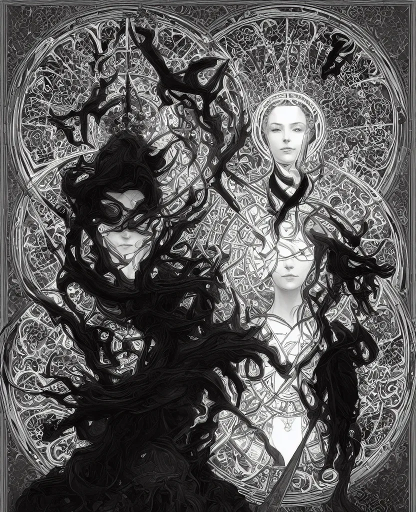 Prompt: black and white illustration of mystical geometrical alchemical symbols, deep focus, intricate, elegant, highly detailed, foggy, misterious, digital painting, artstation, concept art, matte, sharp focus, art by artgerm and greg rutkowski and alphonse mucha