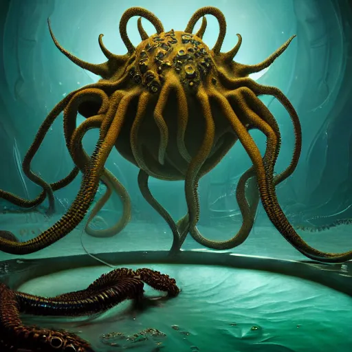 Prompt: cthulhu, expressive eyes, floating, rbc, radiolaria, protophyta, micro - organisms, center frame, symmetric, rim light, marine microbiology, bioluminescence, electric, fur, soft, concept art, intricate details, highly detailed, colorful, photorealistic, disney pixar, octane render,