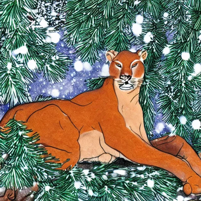 Image similar to crayon colouring book showing 'a cougar sleeping in the middle of snowy pine tree' laying on coffee table, zoomed out shot, HD