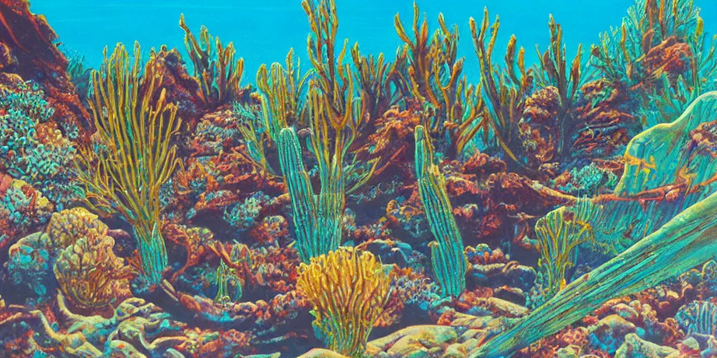 Prompt: a desert underwater super detailed acrylic painting, movie poster 7 0's