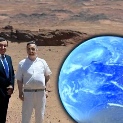 Image similar to Mario Draghi visiting mars with Dr. Manhattan,the curiosity rover is visible in the background