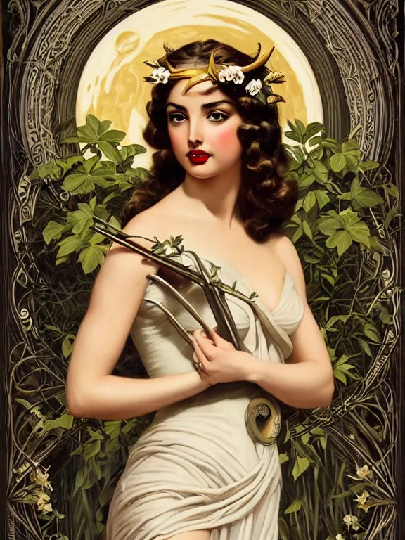 Image similar to Ana de armas as Artemis the Greek goddess of the hunt, a beautiful art nouveau portrait by Gil elvgren, Moonlit forest environment, centered composition, defined features, golden ratio, silver jewelry