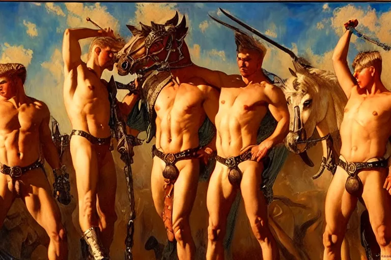 Prompt: the four horsemen of the apocalypse, painting by tom of finland, gaston bussiere, craig mullins, j. c. leyendecker