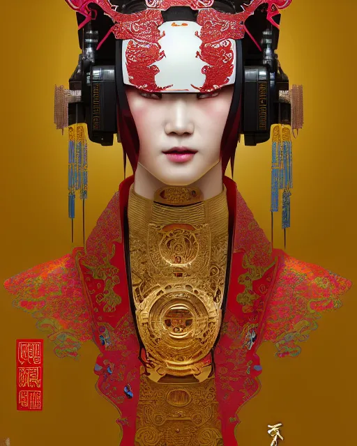 Image similar to portrait of a chinese cyberpunk machine, machine face, robed, upper half portrait, decorated with chinese opera motifs, regal, asian, fine china, wuxia, traditional chinese art intricate intense elegant 京 剧 highly detailed digital painting artstation concept art smooth sharp focus illustration, art by artgerm and greg rutkowski alphonse mucha 8 k