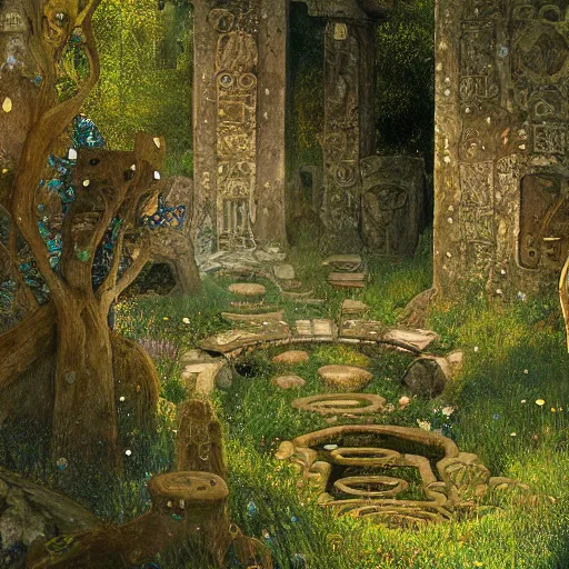 Prompt: ancient overgrown ruins, medieval gates, runestones, mysetrious etherial mesmerizing runic cat eyes, magical elven geometry, concept art by gustav klimt, deviantart contest winner, environmental art, high detail