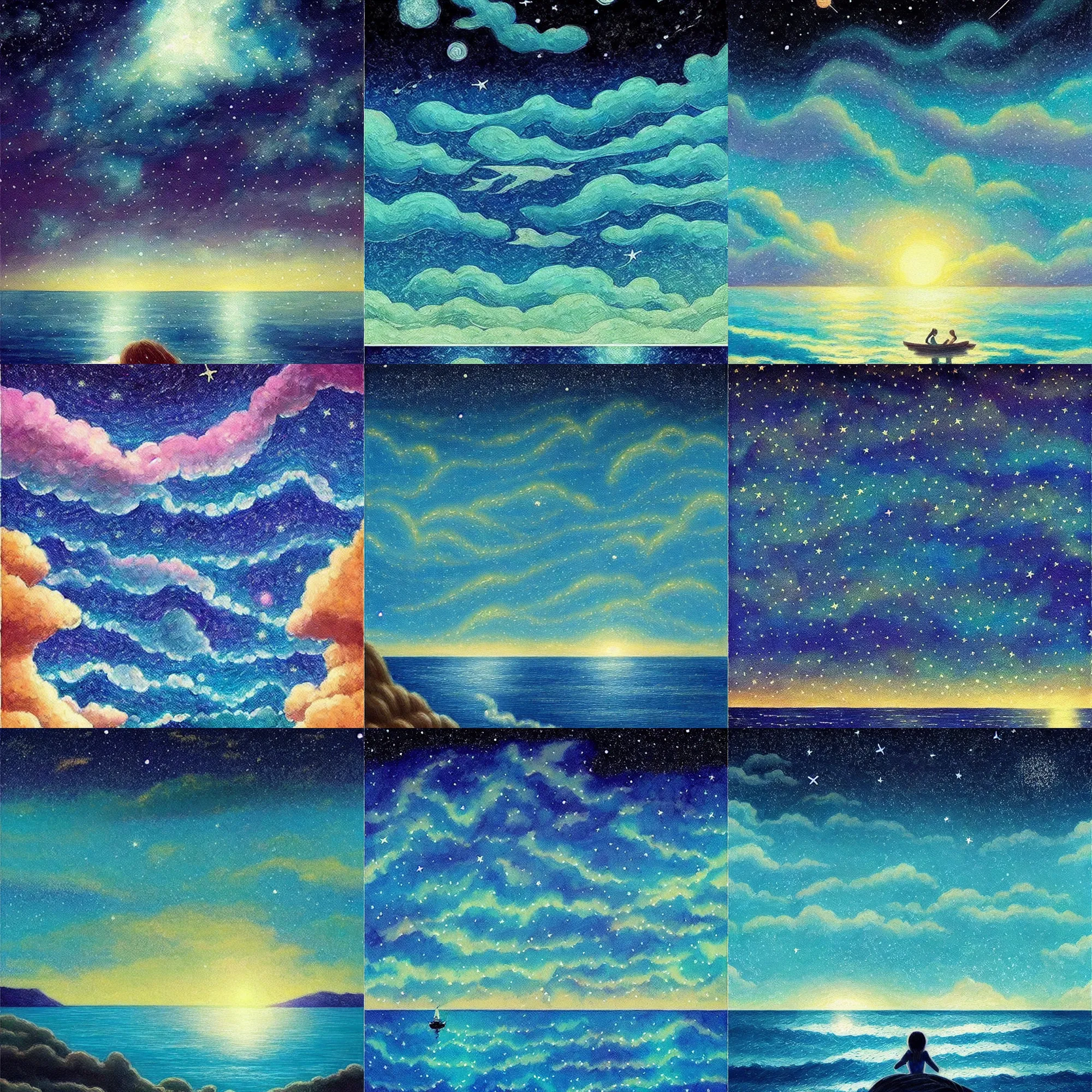 Prompt: ( ( ( ( ( beautiful starry sky and sea ) ) ) ) ) like tara books!!!!!!!!!!!!!!!!!!!!!!!!!!!, overdetailed art, picture book