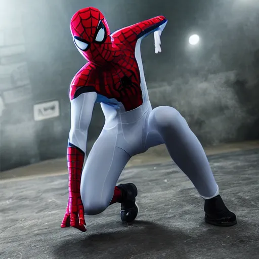 Image similar to white spider - man suit with black web lining, cinematic, volumetric lighting, realistic, hyperdetailed, photorealistic, photograph