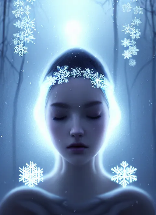 Image similar to a beautiful majestic white queen with snowflakes on her hair, glowing light orbs, intricate concept art, elegant, digital painting, smooth, sharp focus, misty, deep colors, illuminated lines, outrun, vaporware, dark background, cyberpunk darksynth, ethereal, ominous, misty, 8 k, rendered in octane, by ruan jia and miho hirano and jeremy mann