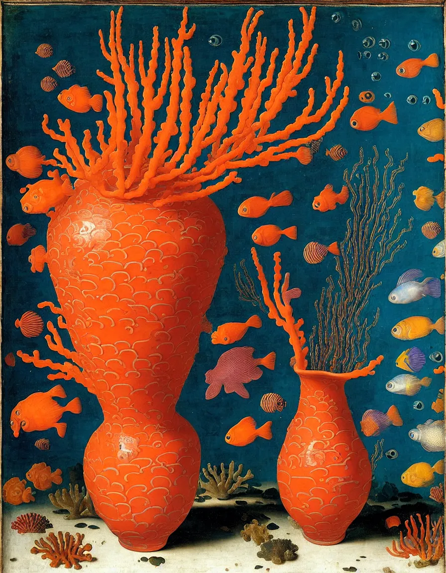 Image similar to bottle vase of coral under the sea decorated with a dense field of stylized scrolls that have opaque outlines enclosing mottled blue washes, with orange shells and purple fishes, Ambrosius Bosschaert the Elder, oil on canvas, around the edges there are no objects