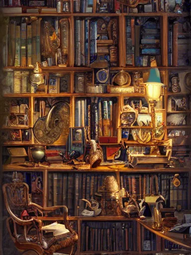 Image similar to a really messy shelf, full of different trinkets and books. intricate, elegant, highly detailed, digital painting, artstation, concept art, sharp focus, illustration, by justin gerard and artgerm, 8 k