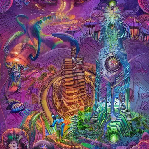 Image similar to techno earth plaza with a divine jungle of deities and peoples living together in harmony created by android jones, vector illustration