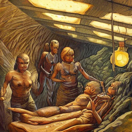 Image similar to primitive extraterrestrial villagers caring for weak and severely injured butch blond woman at bedside, inside primitive hut, dramatic lighting, illustration, ron cobb, mike mignogna, science fiction, detailed painting, high detail, coherent, rough paper