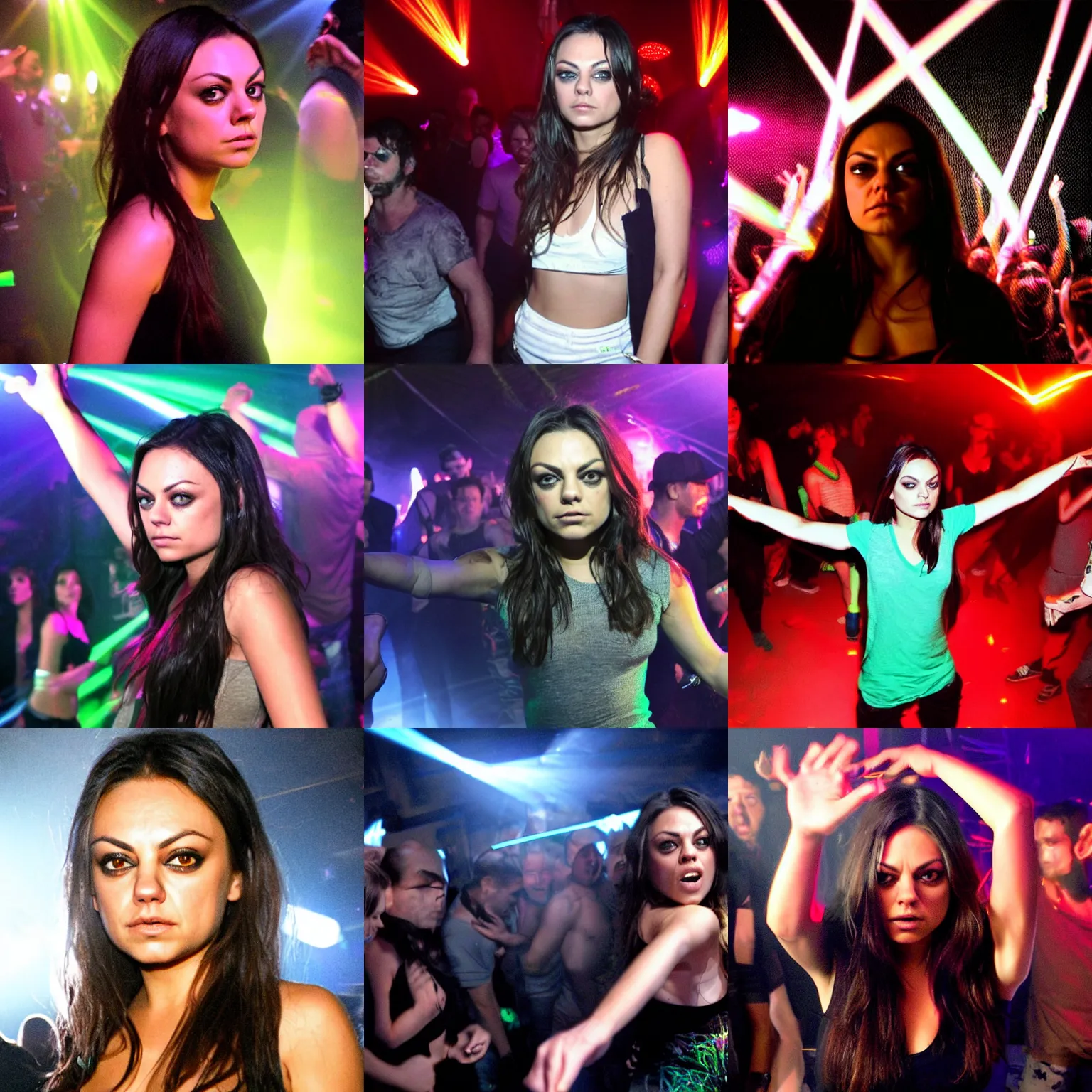 Prompt: mila kunis in trance at a drum and bass jungle party dancing, dark, party people in background, lasers, ecstasy