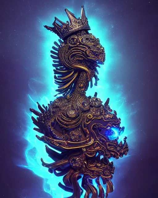 Prompt: 3 d ornate carved dark cosmic king with profile portrait, sigma 5 0 0 mm f / 5. beautiful intricate highly detailed quetzalcoatl skull. bioluminescent, plasma, lava, ice, water, wind, creature, thunderstorm! artwork by tooth wu and wlop and beeple and greg rutkowski, 8 k trending on artstation