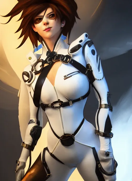 Image similar to portrait digital artwork of tracer overwatch, wearing white latex and leather straps catsuit outfit, in style of mark arian, angel wings, dramatic painting, wearing detailed leather collar, chains, black harness, detailed face and eyes,