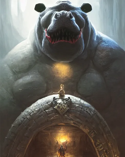 Image similar to Hippo, Anthropomorphized, portrait, as evil warlord general on skull throne, magic the gathering artwork, D&D, fantasy, cinematic lighting, centered, symmetrical, highly detailed, digital painting, artstation, concept art, smooth, sharp focus, illustration, volumetric lighting, epic Composition, 8k, art by Akihiko Yoshida and Greg Rutkowski and Craig Mullins, heroic pose, oil painting, cgsociety, Battlefield background, explosions, arrows