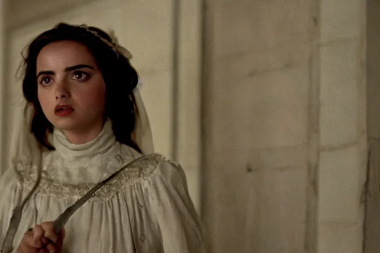Prompt: movie still of ana de armas as joan d'arc in the shining, directed by stanley kubrick