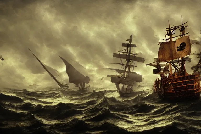 Prompt: epic pirate ship wreckage in a storm, sighting the kraken, in the style of vernon grant and chris van allsburg, trending on artstation, bright tilt - shift camcorder effect, photoshop, retrowave, hyperrealism,