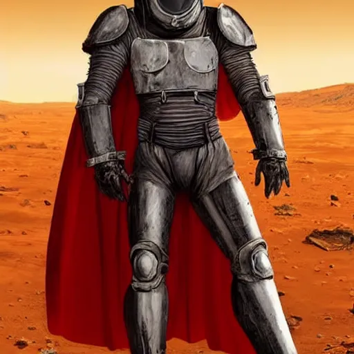 Image similar to a towering soldier, wearing blood - spattered glossy sleek white dinged scuffed armor and a long torn red cape, heroic posture, battle - weary, strained expression, determined expression, no helmet, on the surface of mars, dramatic lighting, cinematic, sci - fi, hyperrealistic, detailed