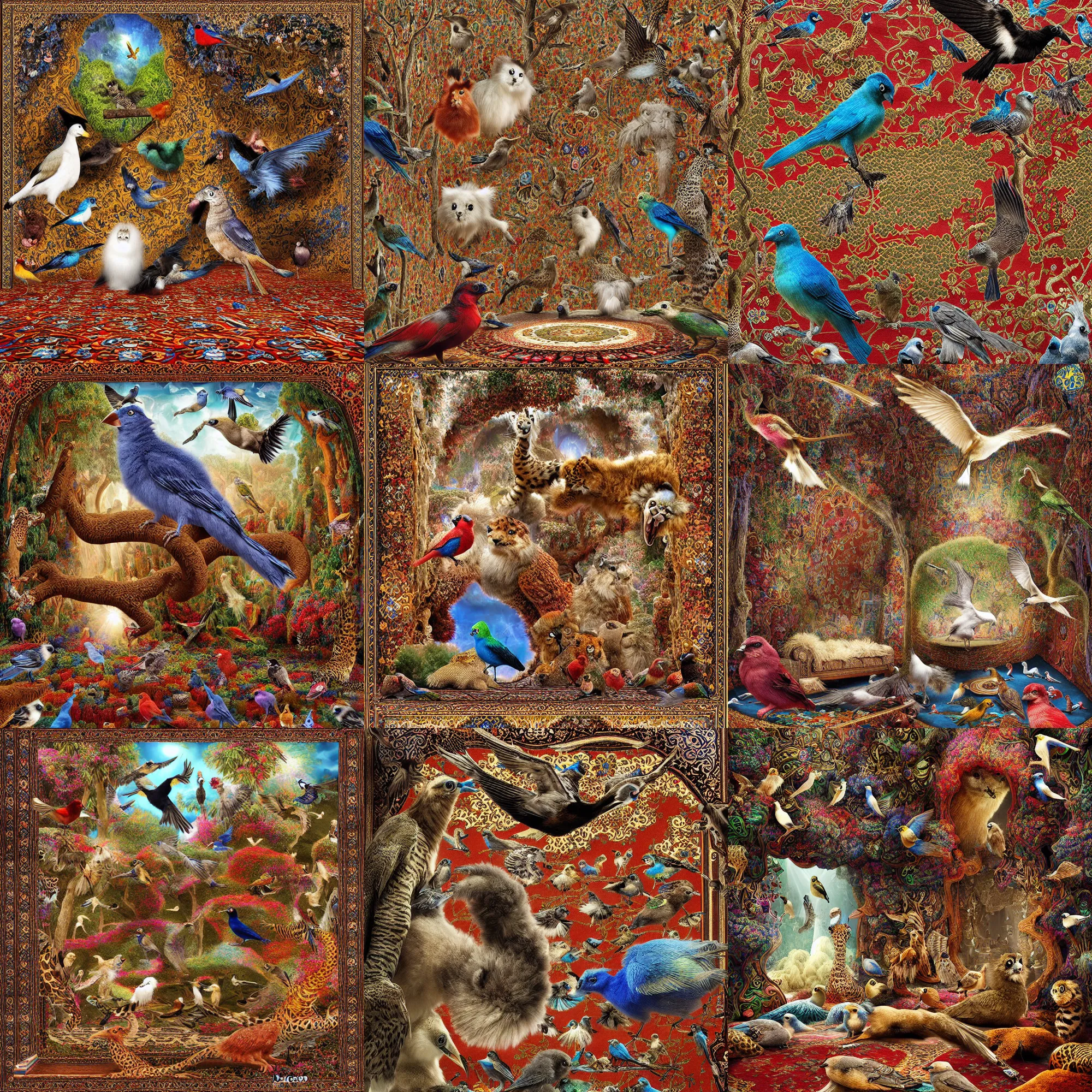 Prompt: exotic animals in the magic Fluffy 3d Persian Carpet dimension, everything is carpet and 3d, birds and trees, surreal, detailed and composed, photorealistic digital art painting, immense detail, epic, striking