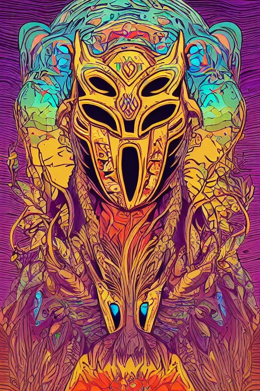 Image similar to animal mask totem roots flower tribal feather gemstone plant wood rock shaman vodoo video game vector cutout illustration vivid multicolor borderlands comics by josan gonzales and dan mumford radiating a glowing aura